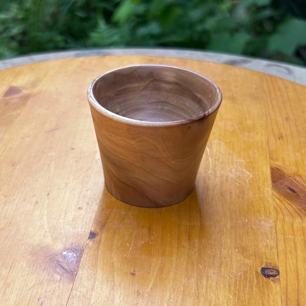 Vintage Myrtlewood Shot Glass Small Cup Brown Lucky Penny Hand Turned Folk Art